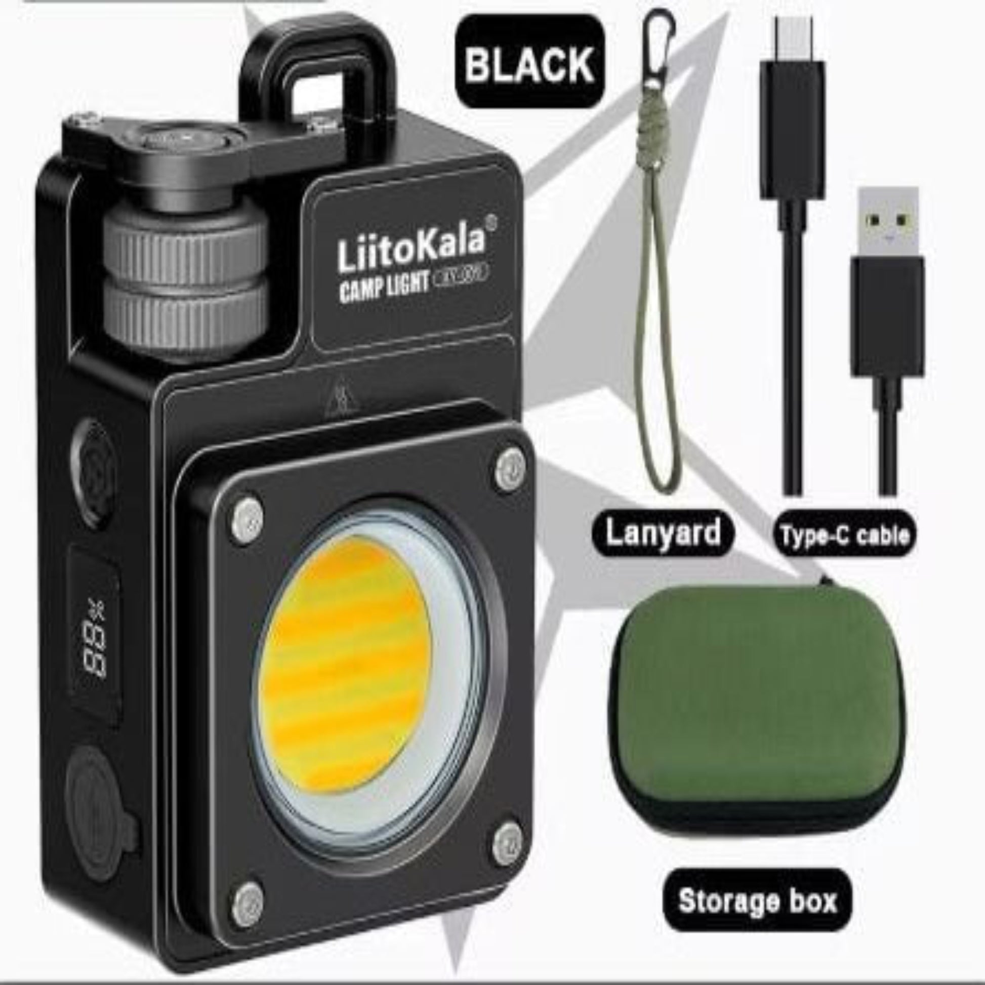 LiitoKala 3500LM portable LED camp light in black with lanyard, Type-C cable, and storage box.