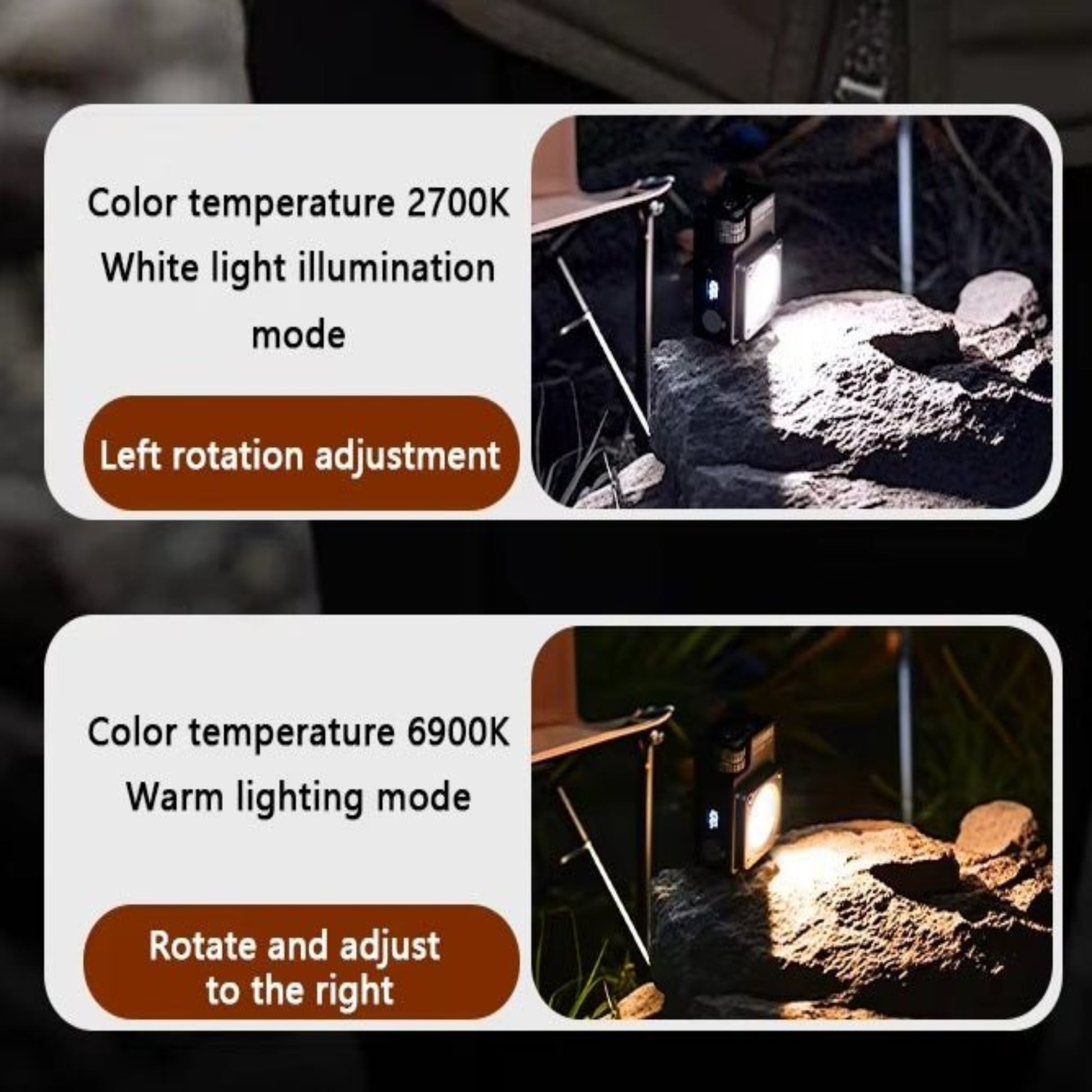 LiitoKala portable LED camp light showcasing white and warm lighting modes with rotation adjustment features.