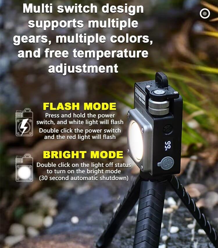 LiitoKala 3500LM Portable LED Camp Light features multiple modes, color adjustments, and temperature settings for outdoor use.