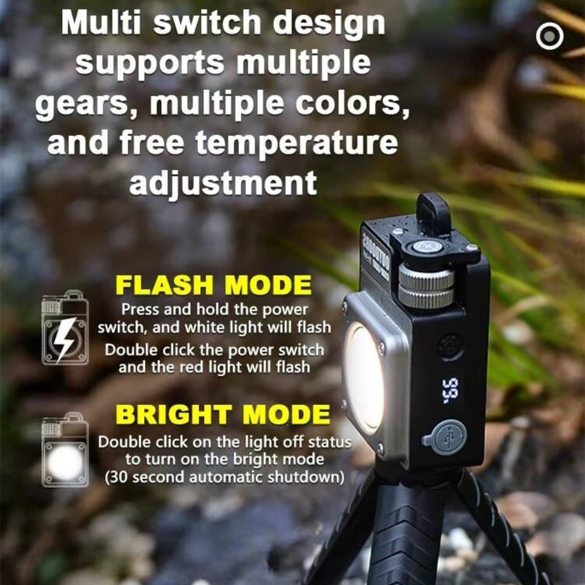 LiitoKala 3500LM Portable LED Camp Light features multiple modes, color adjustments, and temperature settings for outdoor use.