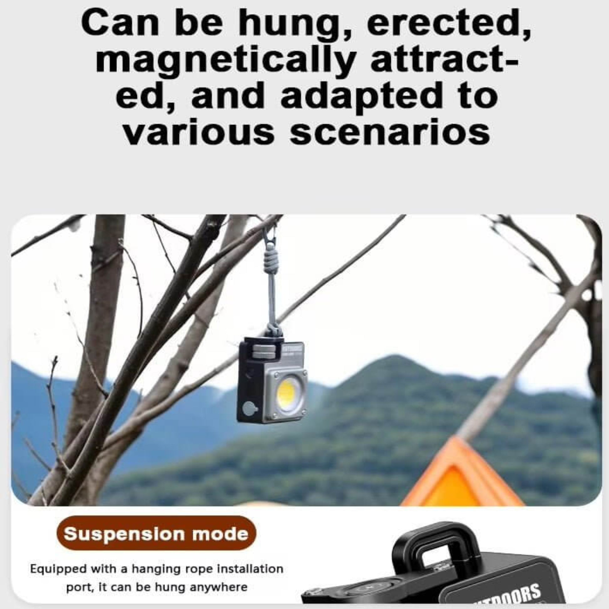 LiitoKala Portable LED camp light hanging from a tree branch, ideal for versatile outdoor scenarios.