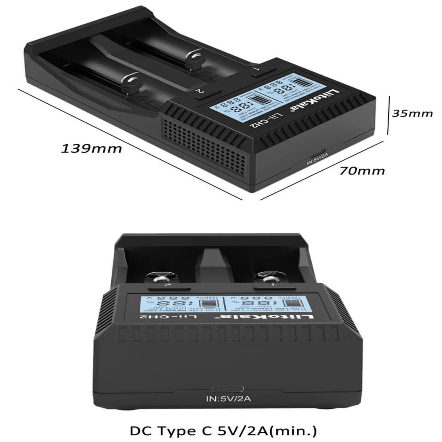 LiitoKala Lii-CH2 Smart Universal LCD Fast Charger dimensions with product specifications and details.