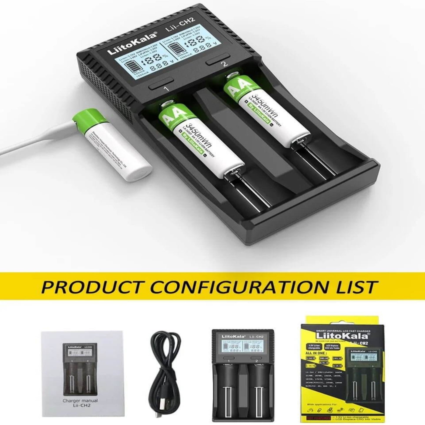 LiitoKala Lii-CH2 smart universal LCD fast charger with AA batteries and accessories displayed.