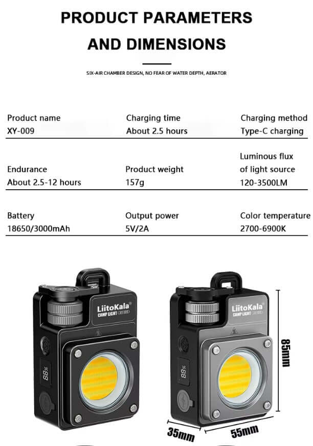LiitoKala XY-009 camping light specs with dimensions, charging info, and luminous output for outdoor adventure.