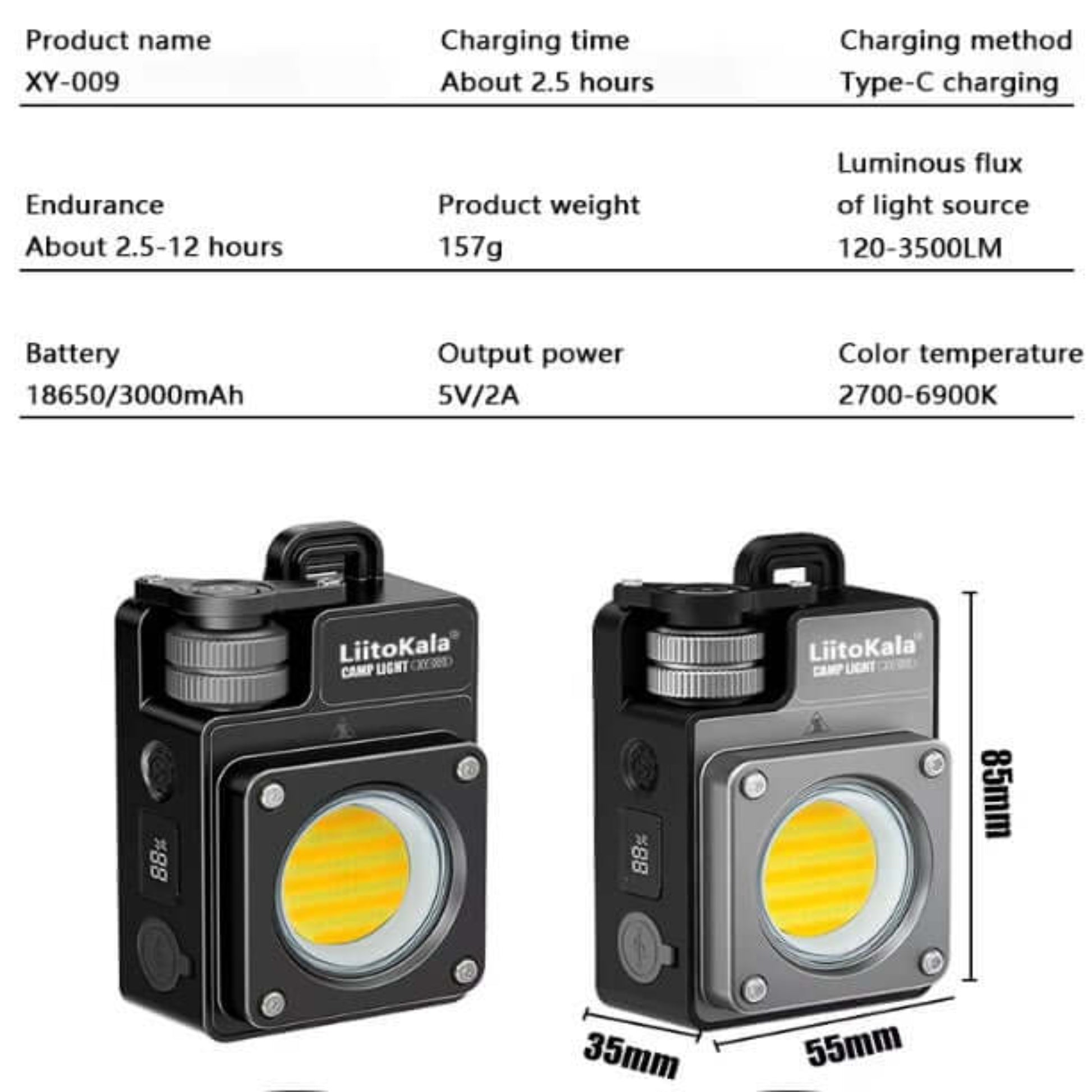 LiitoKala XY-009 camping light specs with dimensions, charging info, and luminous output for outdoor adventure.