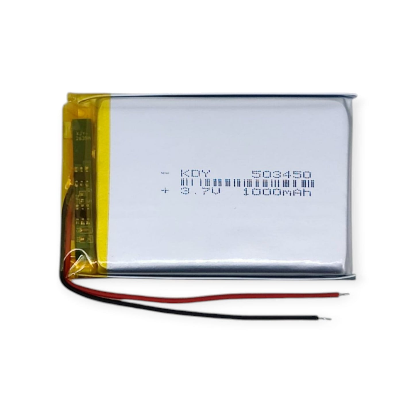 Front view of a 3.7V 1000mAh LiPo battery, model 503450, showing specifications and red/black connection wires.