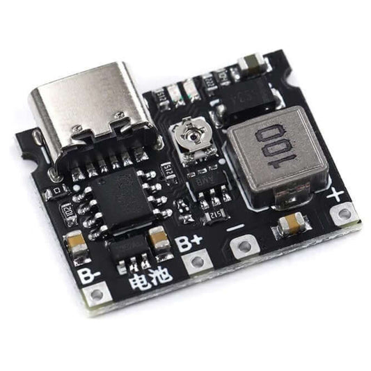 Lithium Li-ion 18650 step up boost module circuit board with USB port and components for DIY battery projects.
