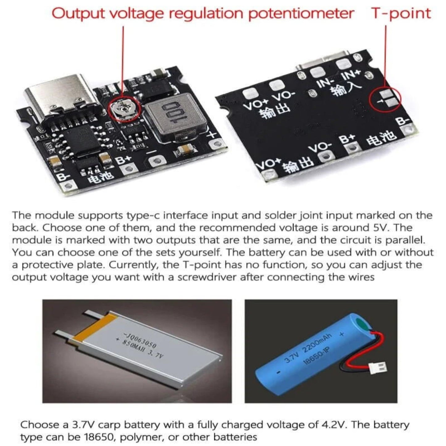 Lithium Li-ion 18650 boost module with voltage regulation potentiometer and battery connection points for DIY projects.