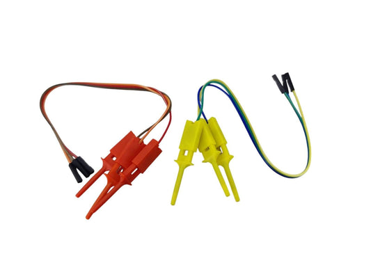 6PCS logic analyzer test hook clips in orange and yellow colors with Dupont jumper wires for electronics testing.