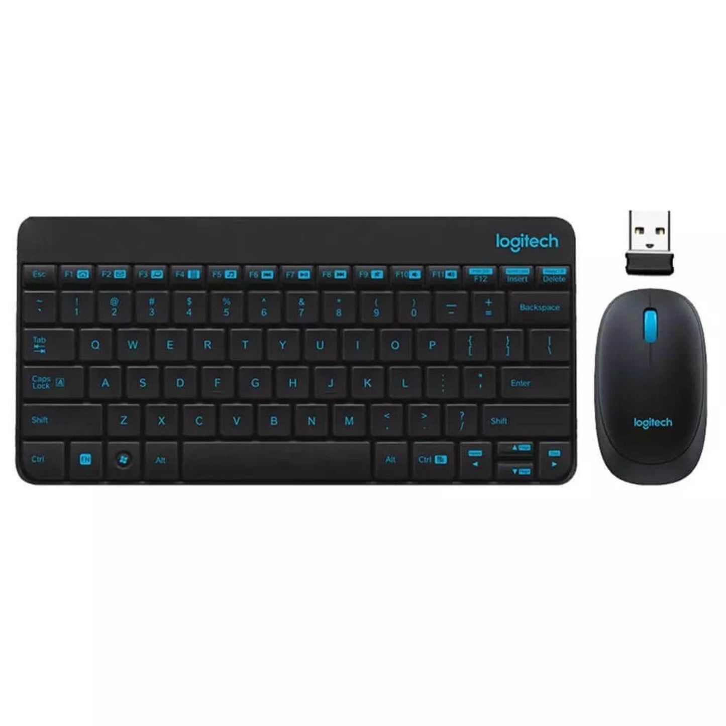 Logitech MK245 Nano Wireless Keyboard and Mouse Combo in sleek black design with USB receiver.