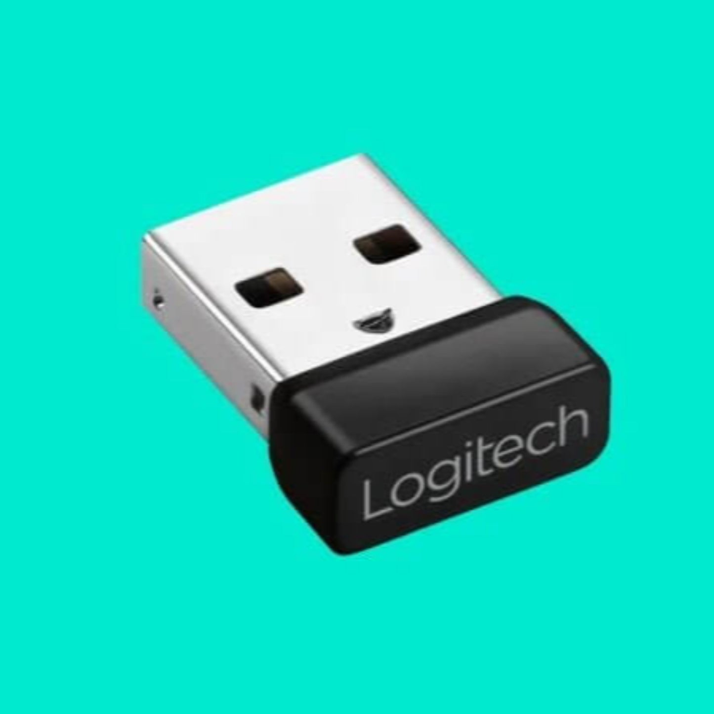 Logitech USB nano receiver for wireless keyboard and mouse combo on a turquoise background.