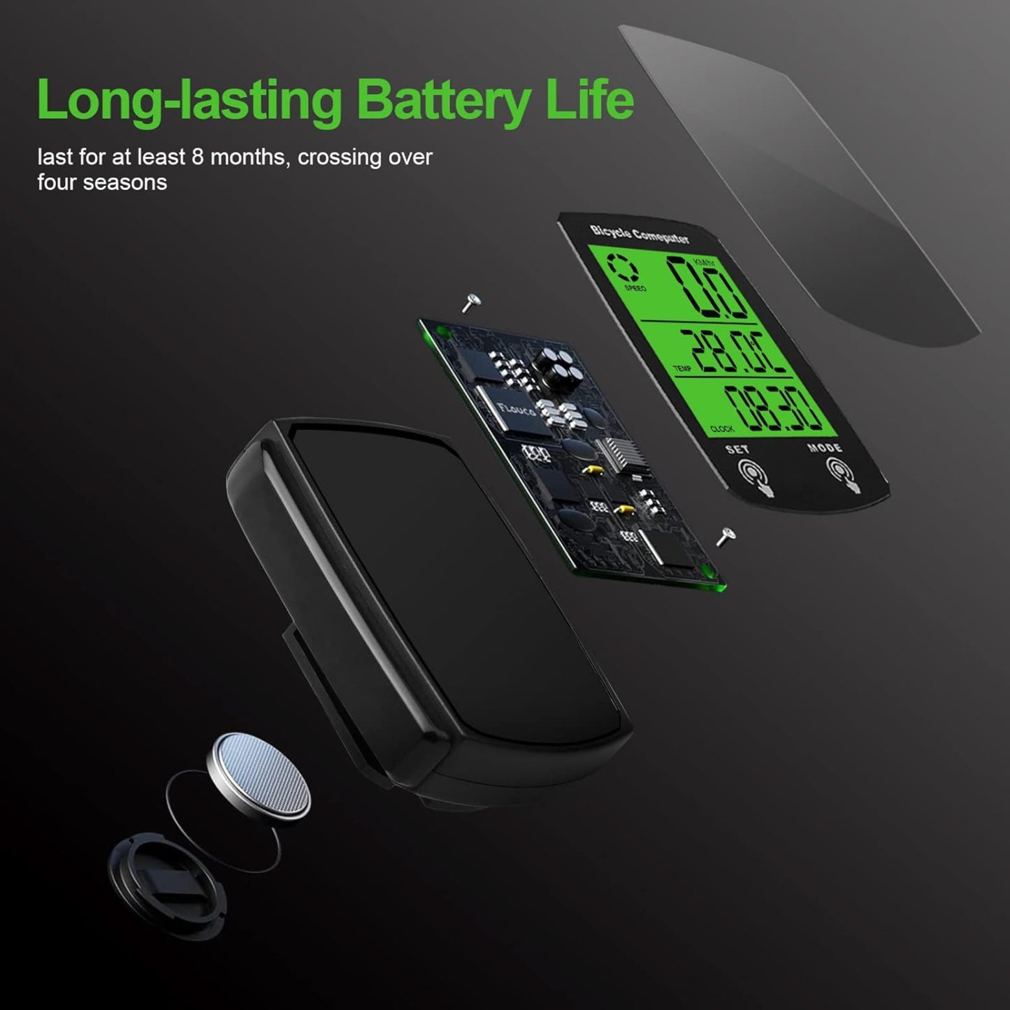 Exploded view of the bike odometer, highlighting the long-lasting battery life of up to 8 months.