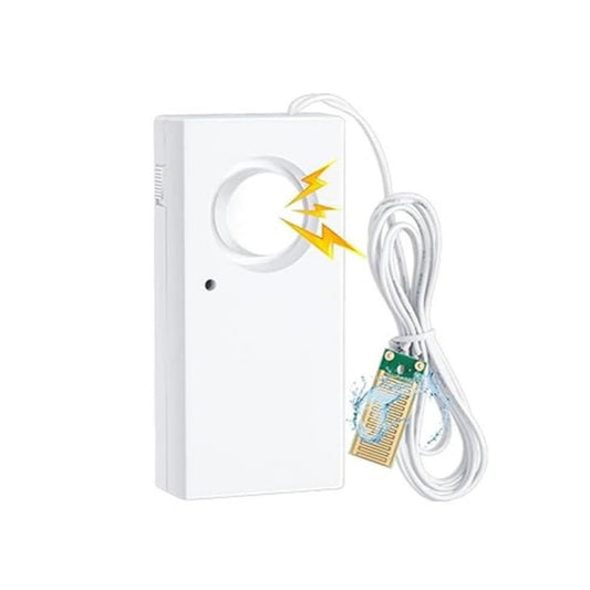 9V water leak alarm with sensor, 120dB sound alert, ideal for home use in basement, kitchen, or garage.