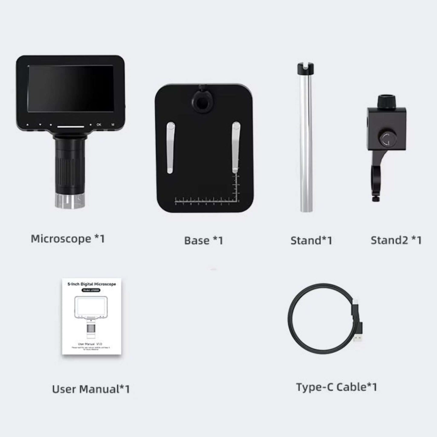 Components of LP050 5-inch digital microscope including user manual, base, stands, and Type-C cable.