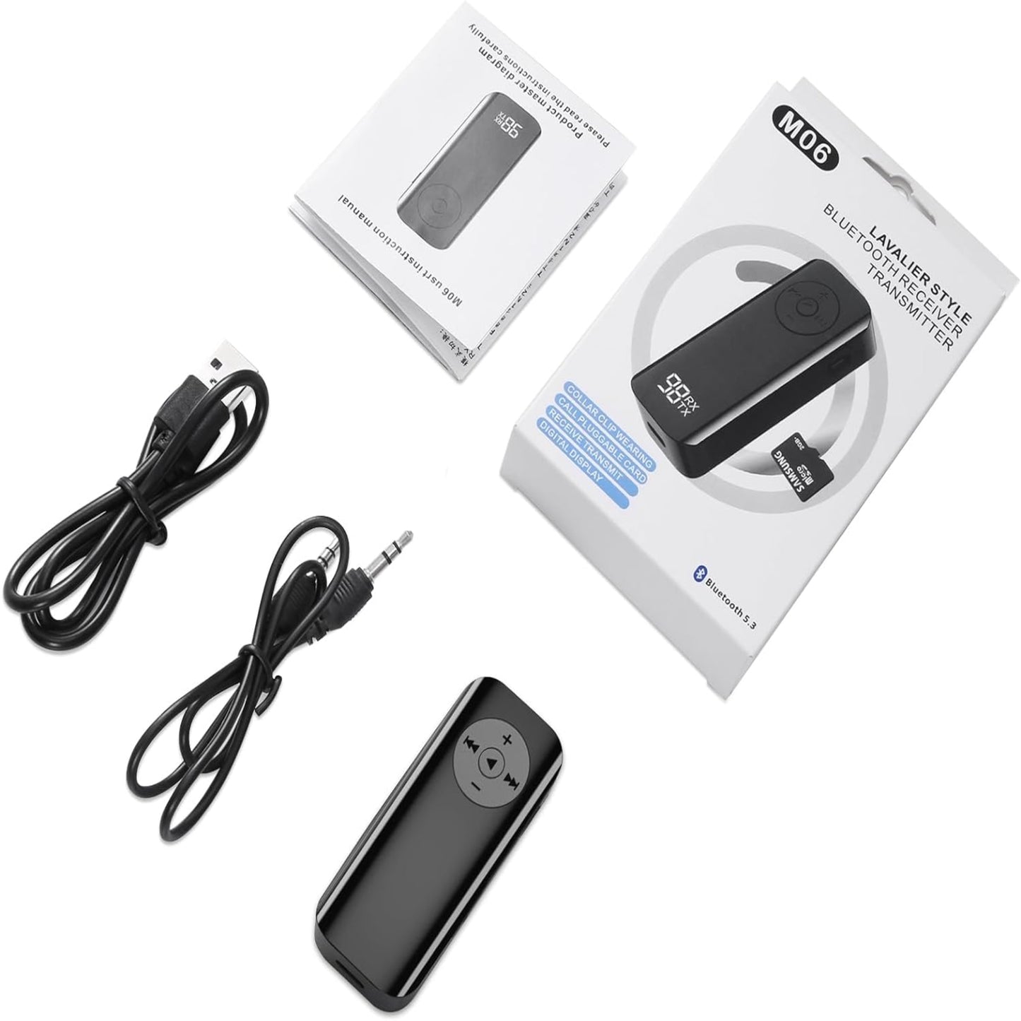 M06 Bluetooth 5.3 audio transmitter receiver with USB cable, audio cable, and user manual.