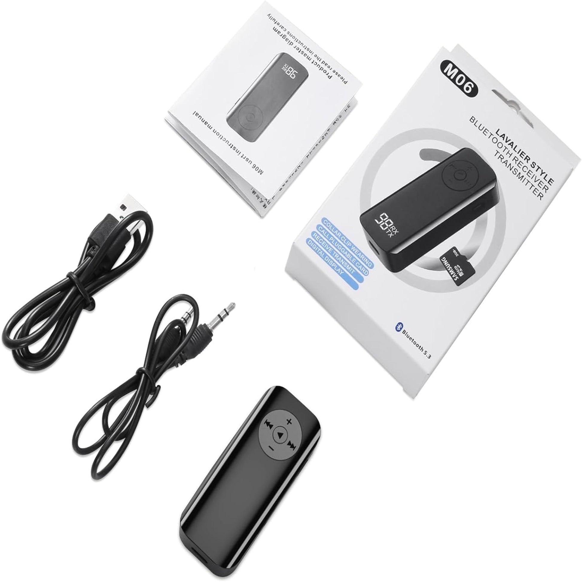 M06 Bluetooth 5.3 audio transmitter receiver with USB cable, audio cable, and user manual.