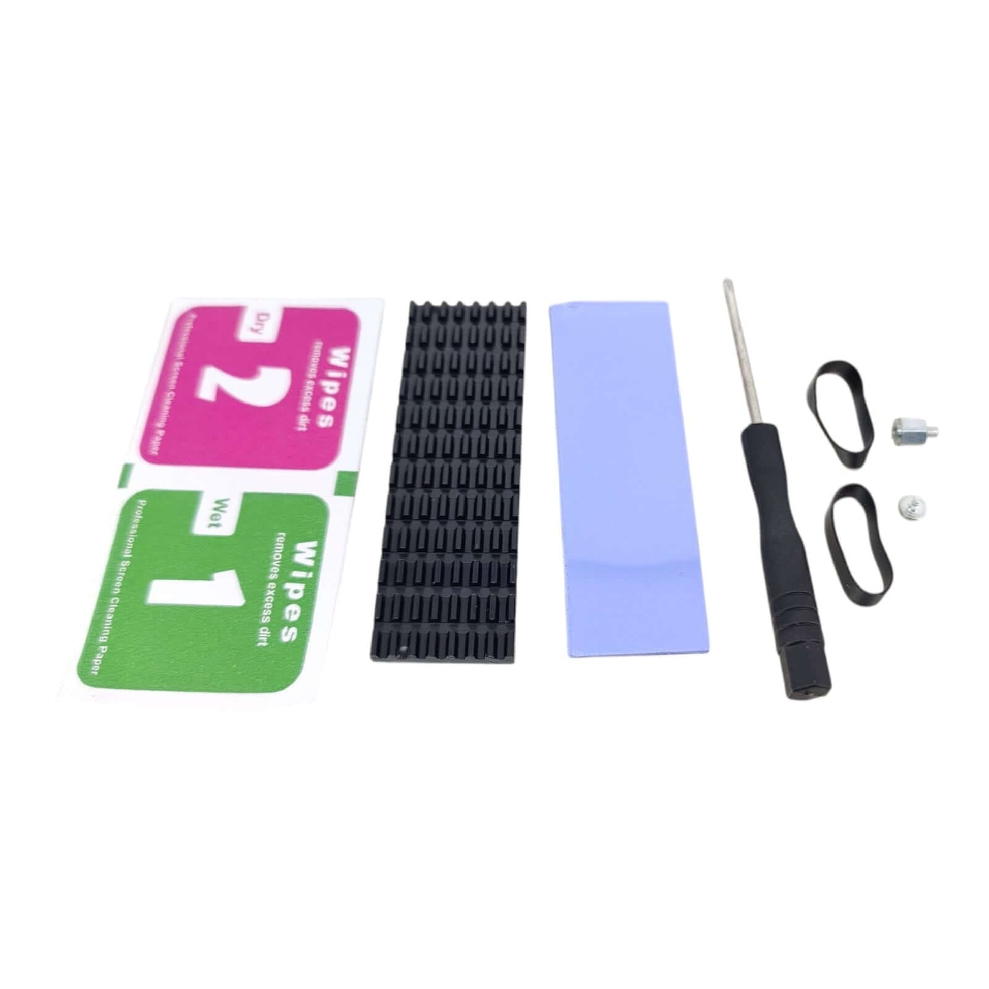 M.2 SSD heatsink installation kit including wipes, thermal pad, screwdriver, and mounting accessories.