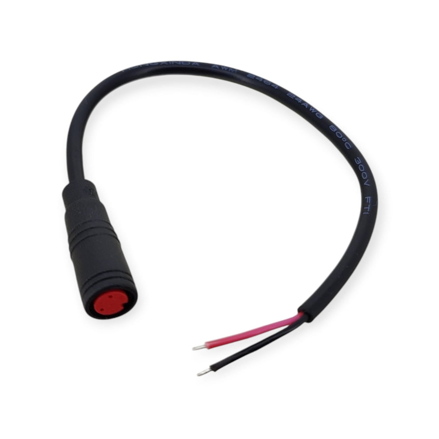 M8 2-pin female connector with a 20cm black pigtail cable showing red and black wires.