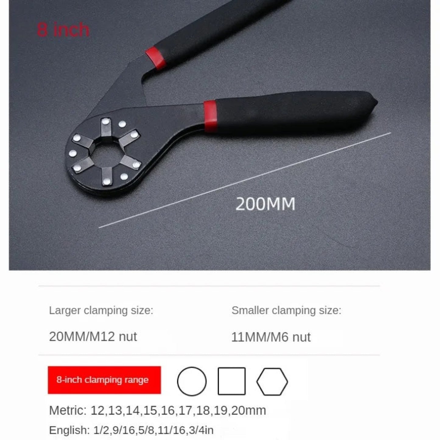 8-inch hexagonal magic wrench with adjustable clamping range for various nut sizes, ideal for car repair and home tools.