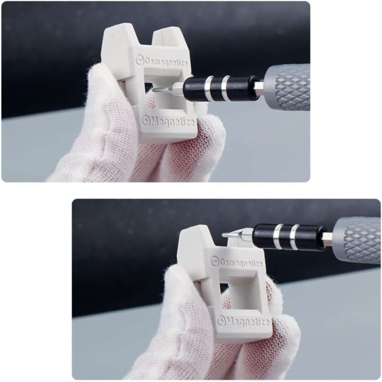 Precision screwdriver set being used with a magnetizing tool for effective electronic repair.