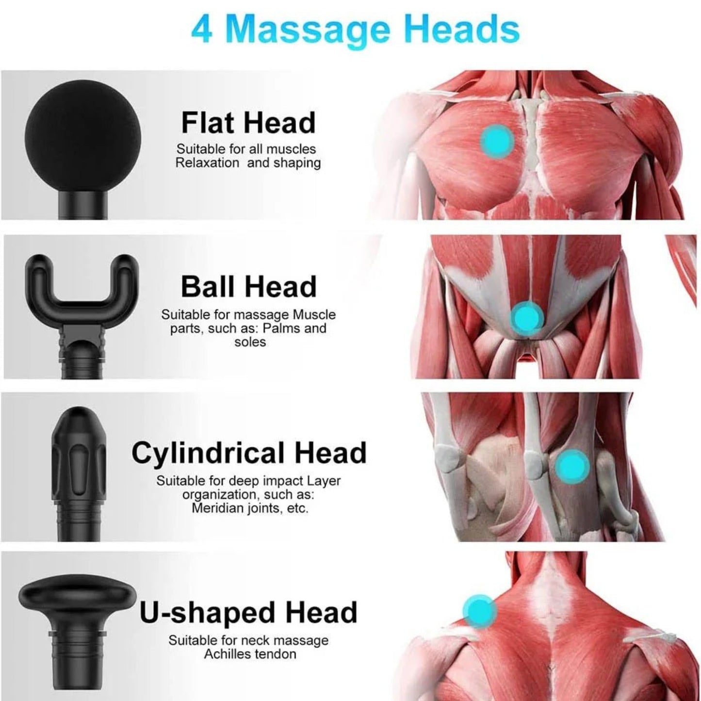 Image showing 4 massage heads of a mini percussion massage gun: flat, ball, cylindrical, and U-shaped for muscle relaxation.