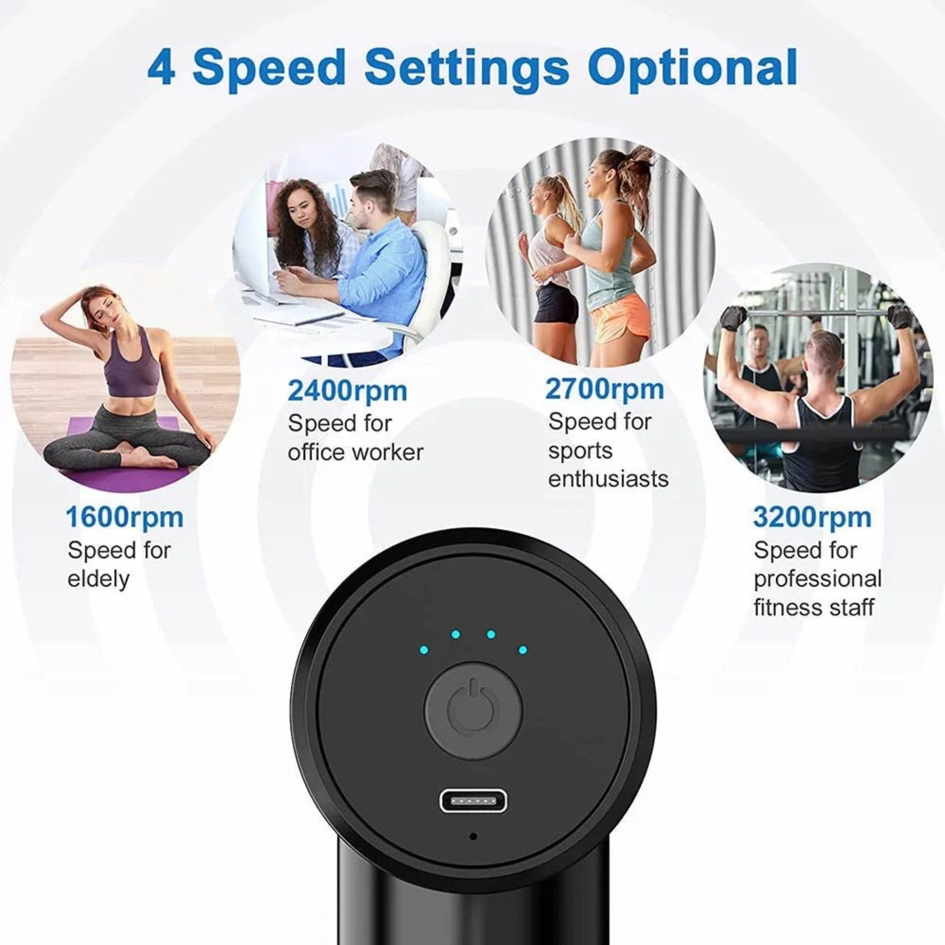 Mini portable massage gun with four adjustable speed settings for various users: elderly, office workers, enthusiasts, professionals.
