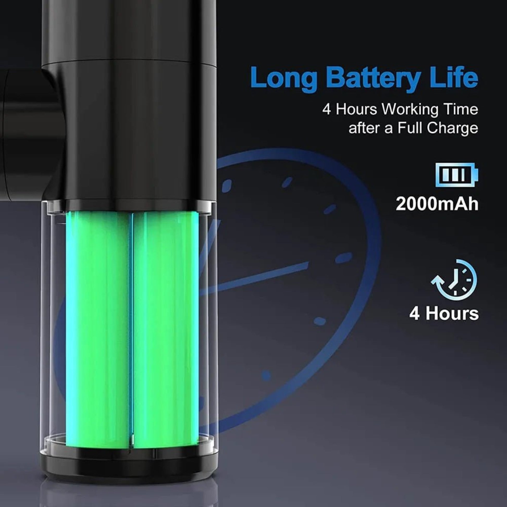 Mini percussion massage gun battery life indicator showing 4-hour runtime and 2000mAh capacity.