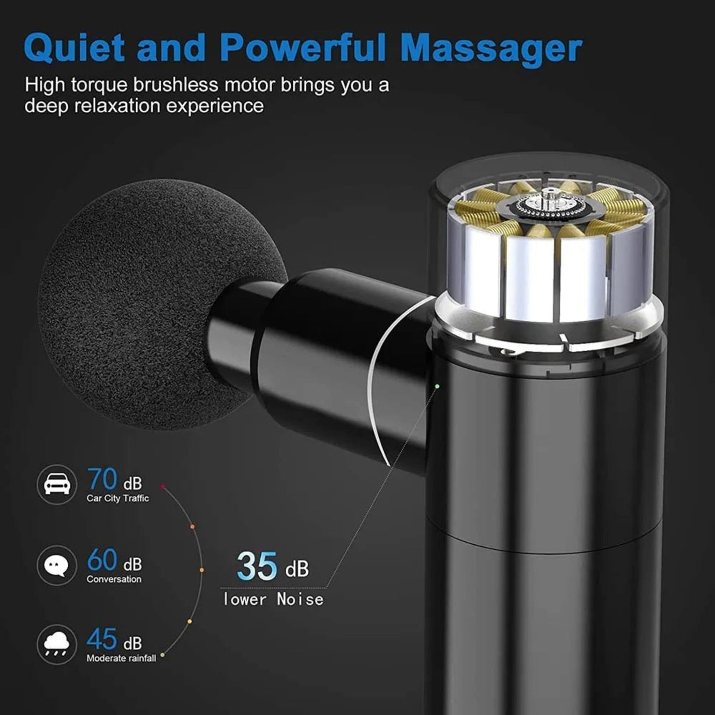 Close-up of a quiet and powerful mini percussion massage gun showcasing its brushless motor and low noise levels.