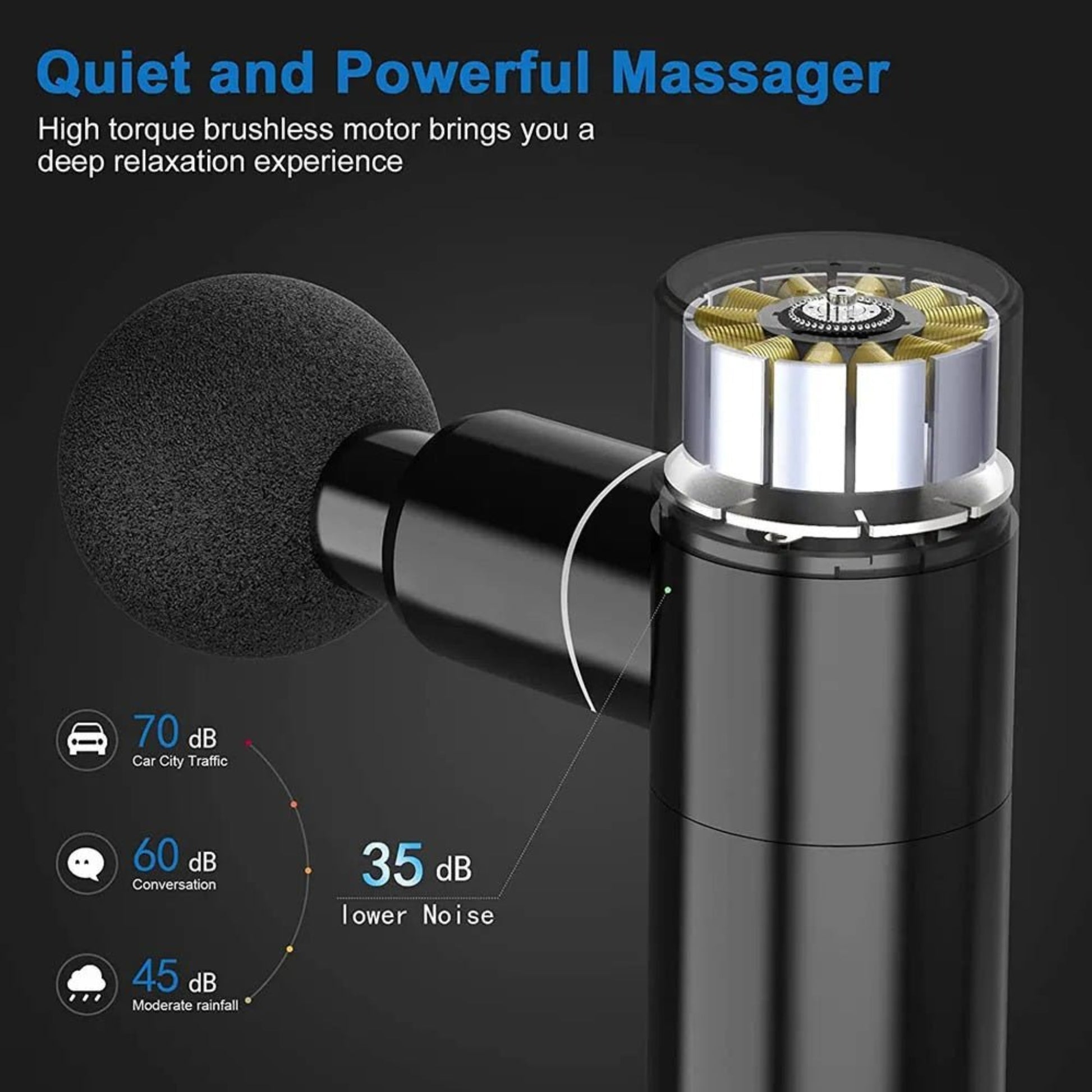 Close-up of a quiet and powerful mini percussion massage gun showcasing its brushless motor and low noise levels.