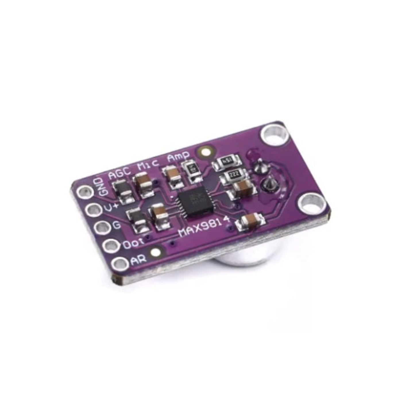 Back view of the MAX9814 module highlighting the surface-mount MAX9814 IC and the 5-pin layout (GND, VDD, Gain, Out, AR).