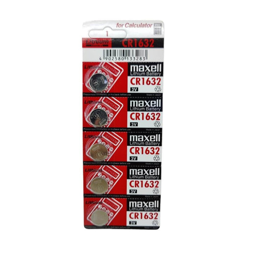 Maxell CR1632 3V Lithium Coin Cell Batteries in packaging, ideal for calculators and various devices.