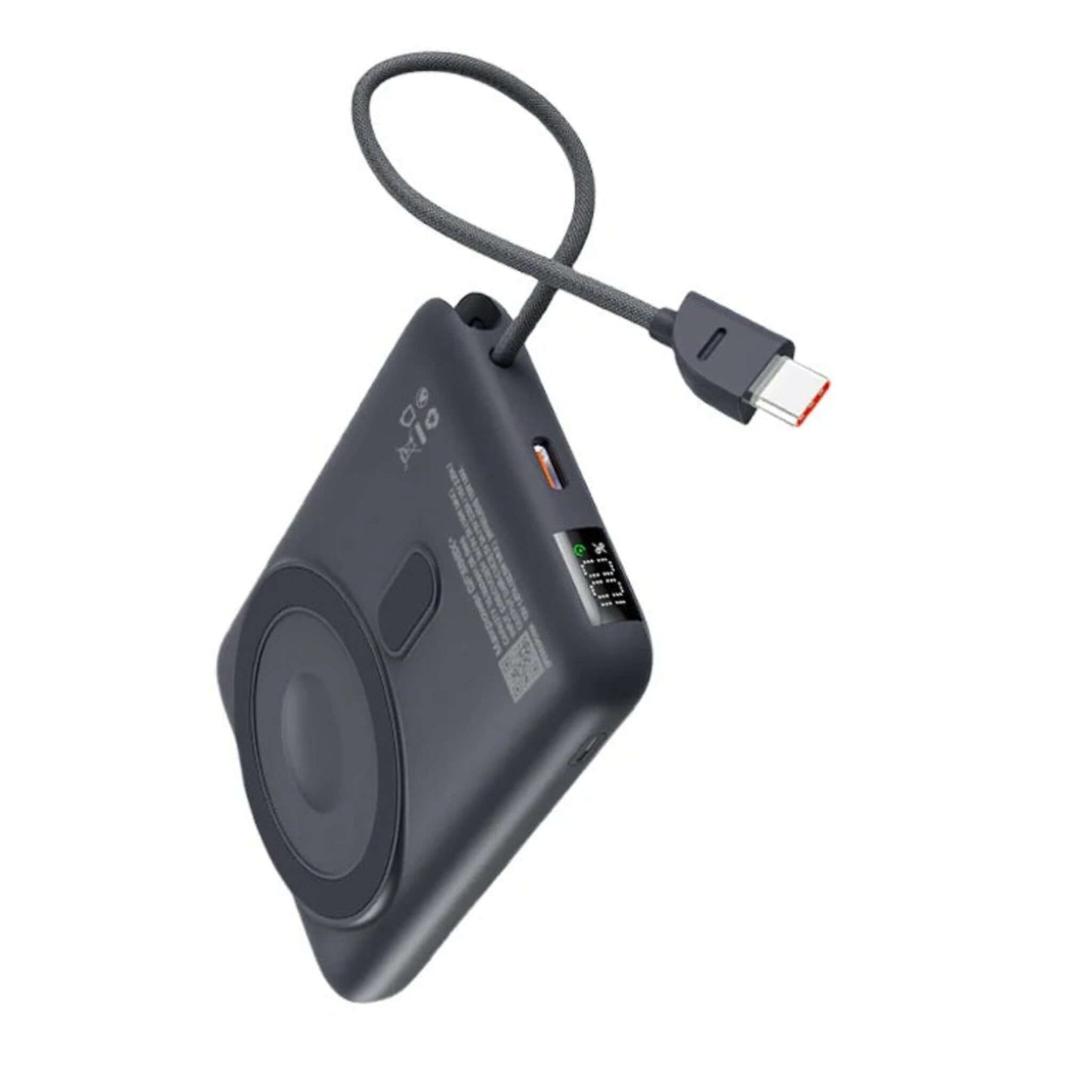 Back view of Maxpower GF388X+ power bank with magnetic charging area, USB-C cable.