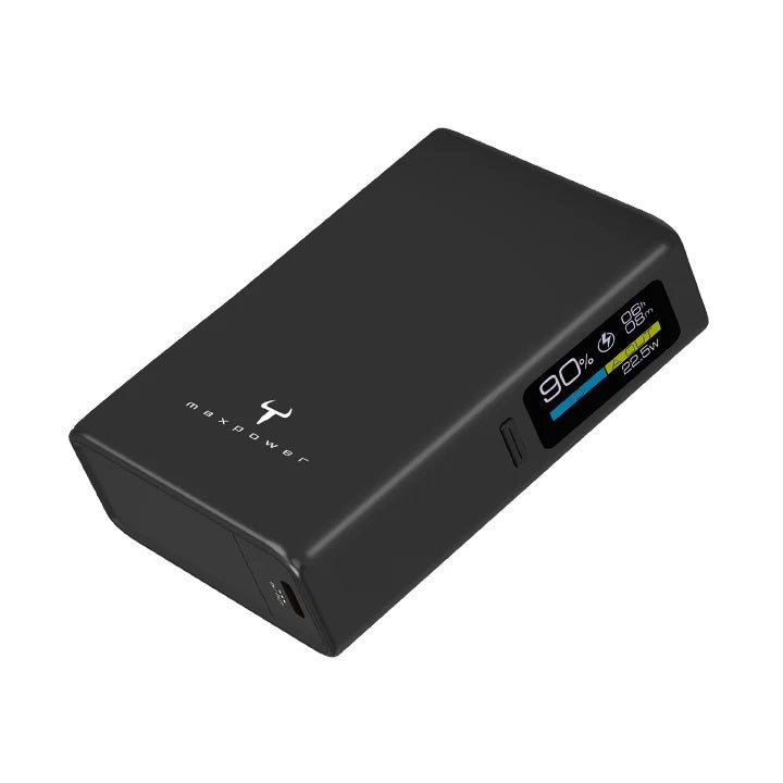 Maxpower JL100P 10000mAh power bank with LCD display, compact design for fast charging on the go.
