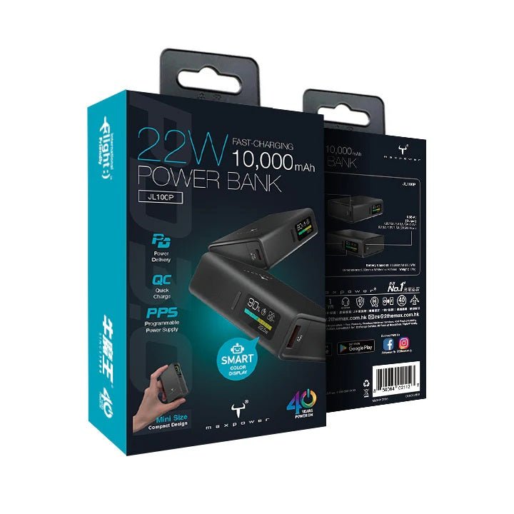 Maxpower JL100P 10,000mAh fast-charging power bank packaging showcasing features and design.