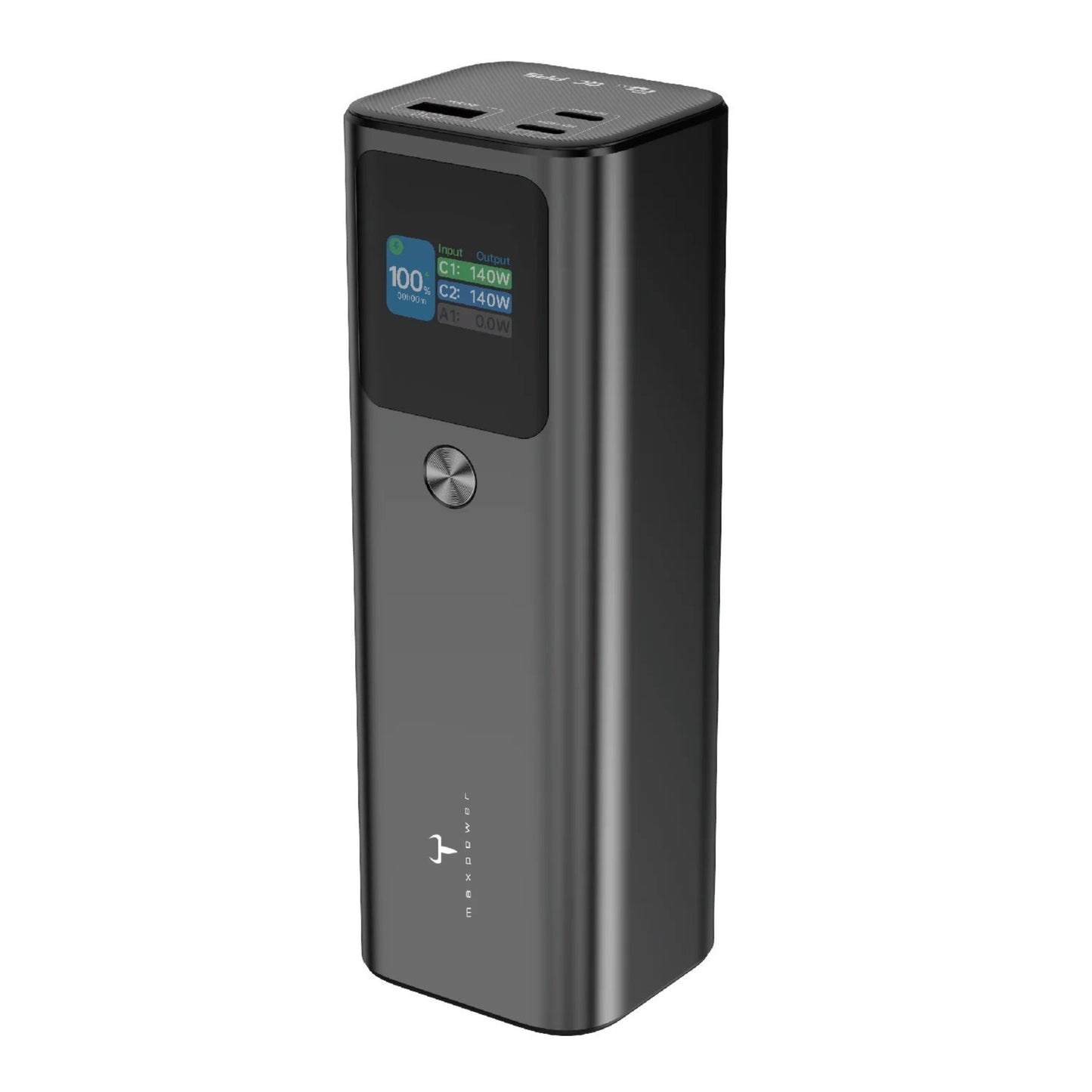 Maxpower 162W PD Laptop Ultra Power Bank with multiple outputs and LCD display for charging devices.