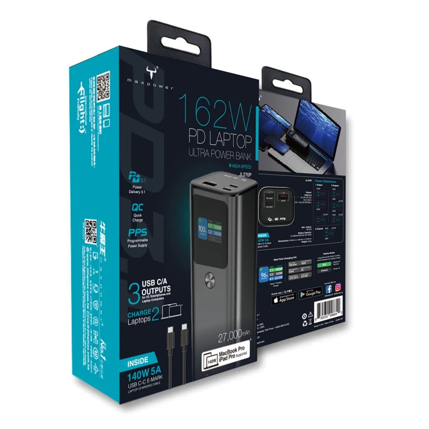Maxpower 162W PD Laptop Ultra Power Bank packaging featuring high-capacity, fast charging, and multiple outputs.