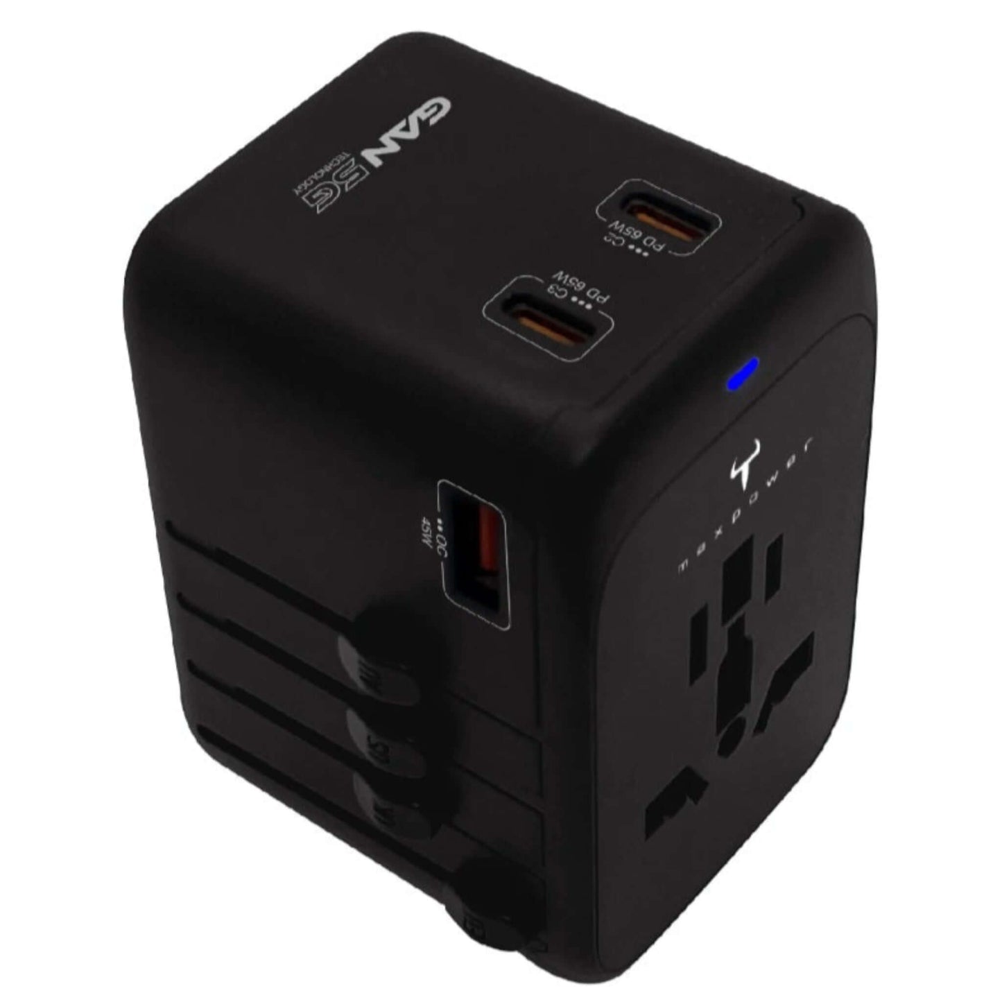 Maxpower JP650G 65W GaN Universal Travel Adapter with 4 USB ports for efficient charging.