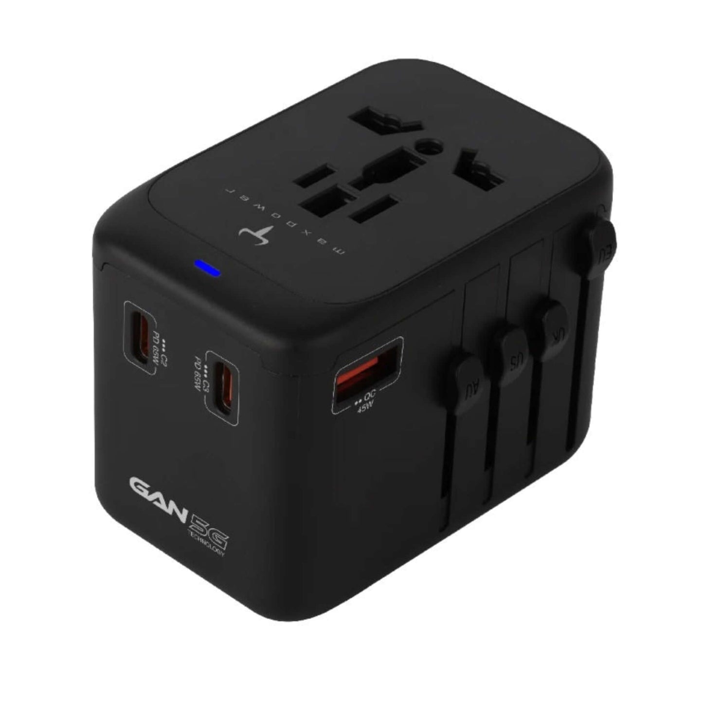 Maxpower JP650G 65W GaN universal travel adapter with multiple USB ports and compact design.
