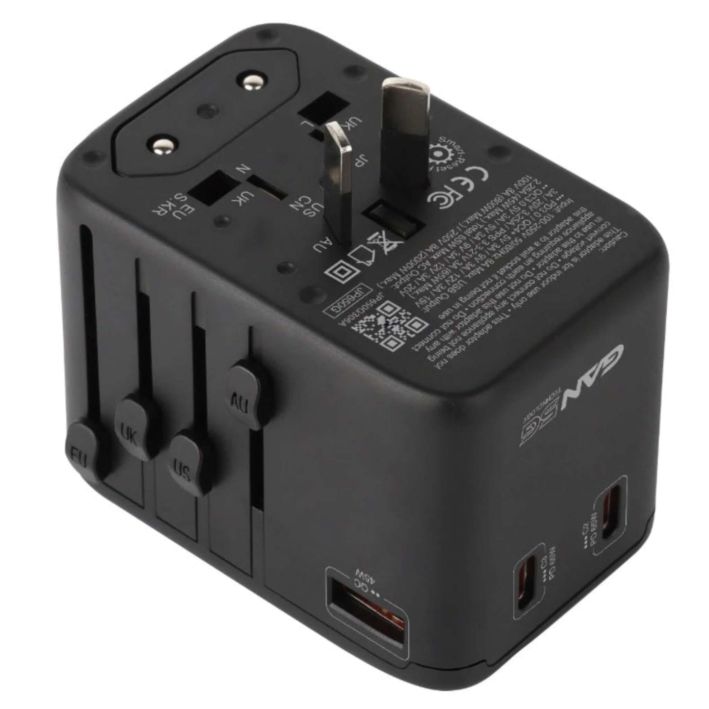 Maxpower JP650G travel adapter with USB ports, featuring GaN technology for efficient charging and versatile plug options.