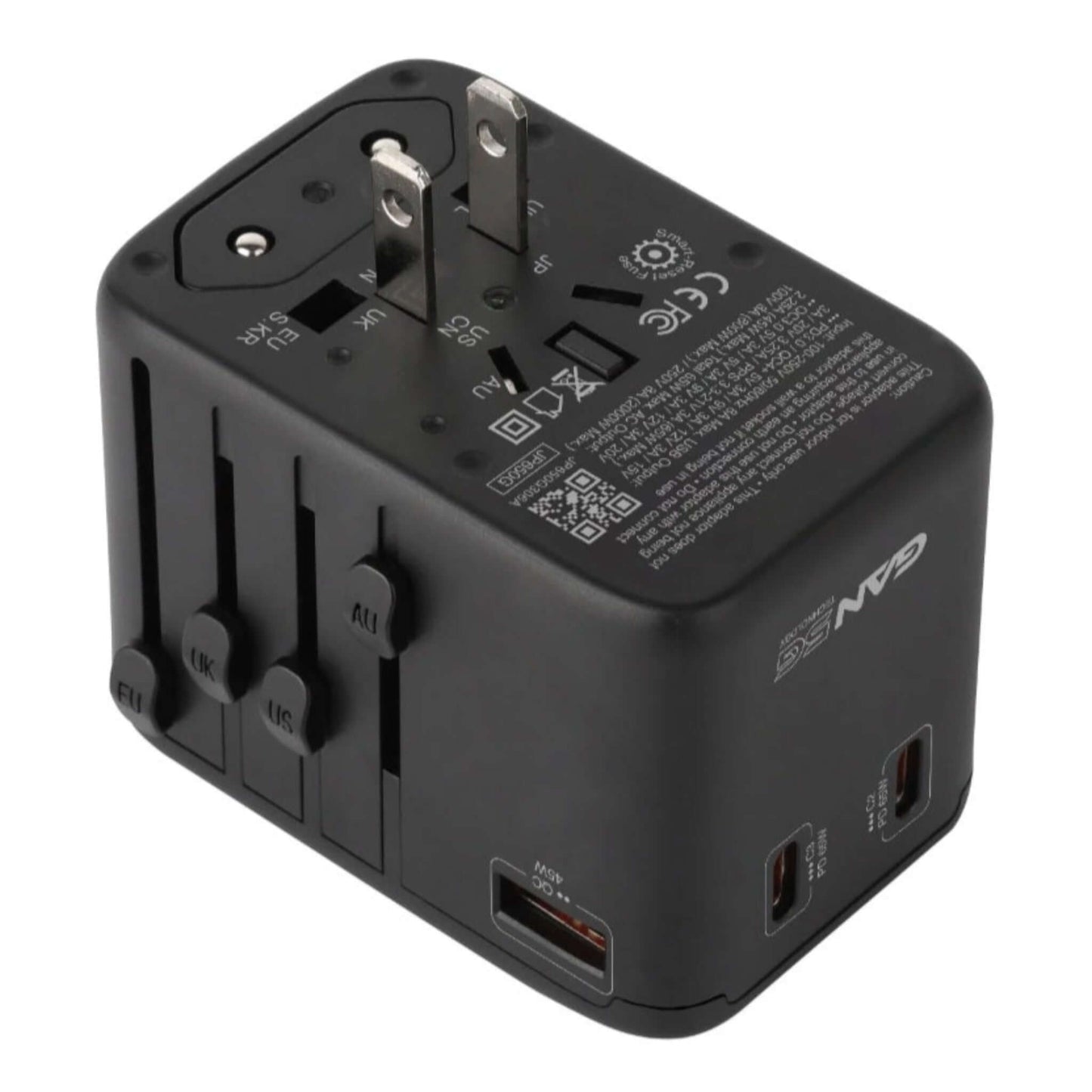 Maxpower JP650G GaN Universal Travel Adapter with multiple ports for efficient charging.