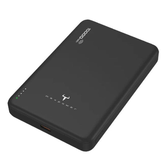 Maxpower MG130S+ 10000mAh magnetic wireless power bank in sleek black design, perfect for on-the-go charging.
