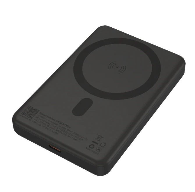 Maxpower MG130S+ 10000mAh Magnetic Wireless Power Bank in black, featuring sleek design and wireless charging.