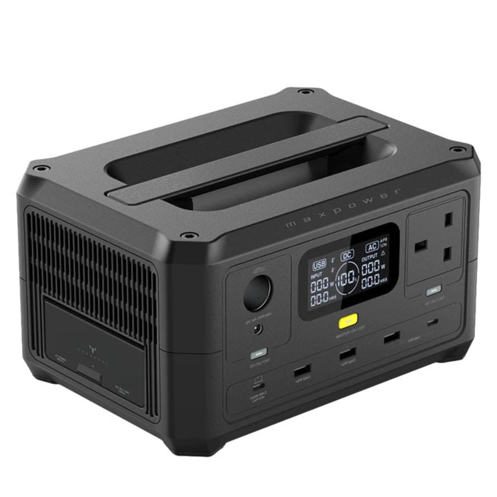 Maxpower Optimus Power Tank 300W 256Wh portable power station with AC outlets and LCD display for outdoor use.