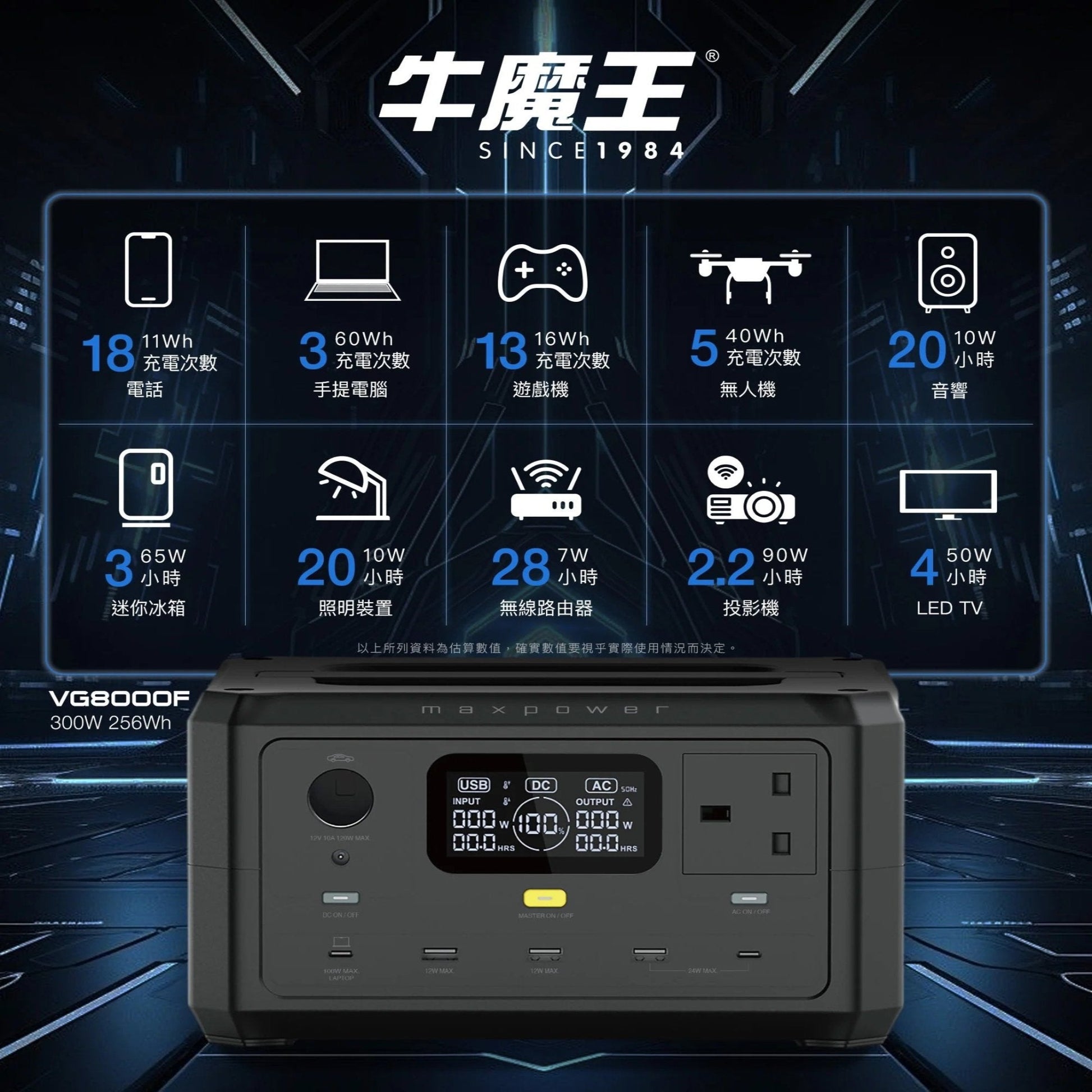 Maxpower Optimus Power Tank 300W power station with various output options, ideal for camping and outdoor use.