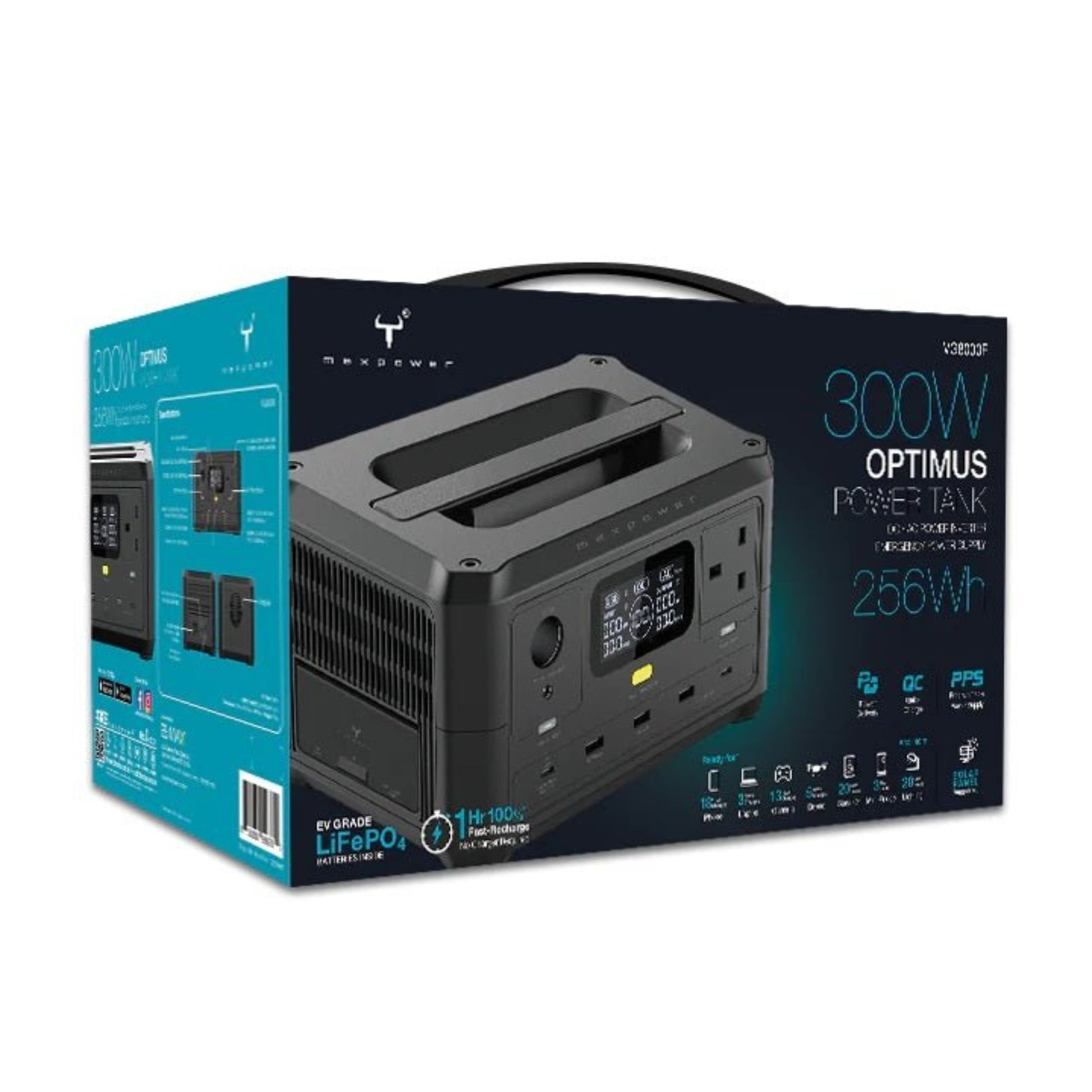 Maxpower Optimus Power Tank 300W 256Wh portable power station packaging for outdoor use.