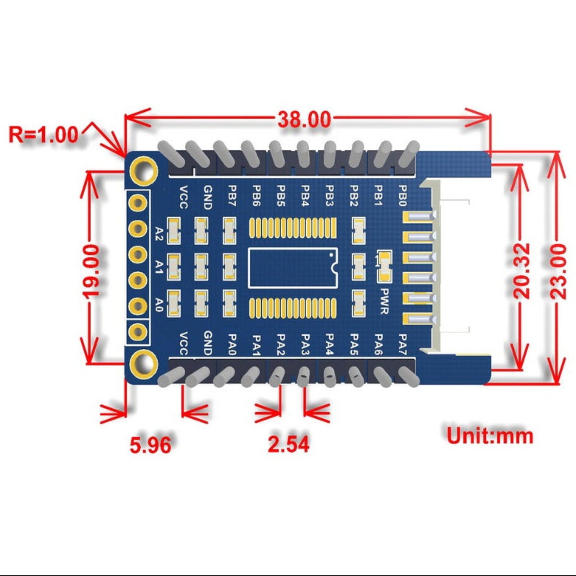 Dimensions diagram for MCP23017 IO expansion board (38x23mm), including mounting hole size.