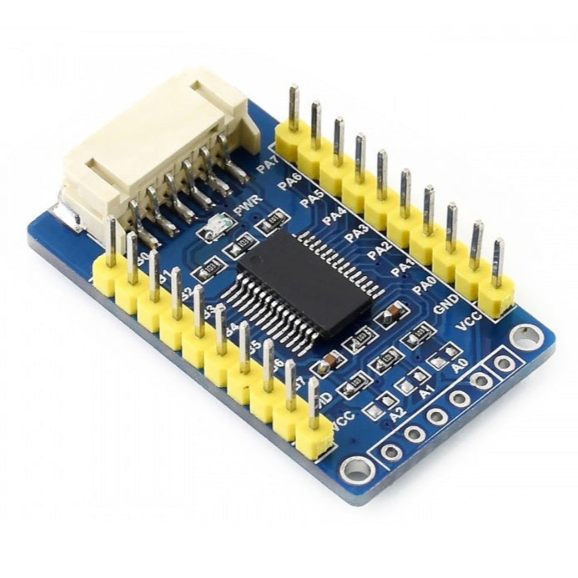 Angled view of MCP23017 IO expansion board, highlighting PA0-PA7, PB0-PB7, and I2C address jumpers.