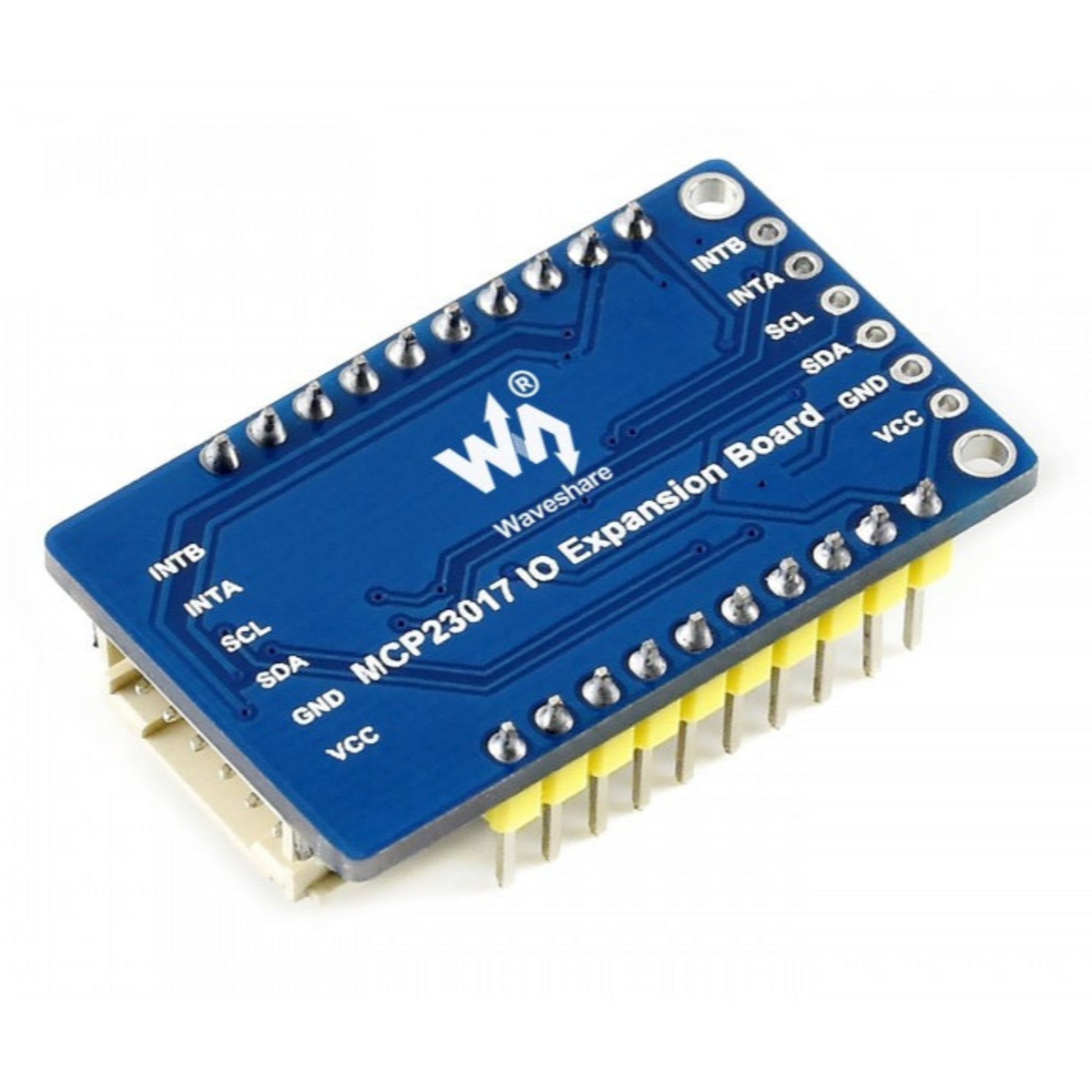 Back view of Waveshare MCP23017 IO expansion board, showing I2C, GND, VCC, and interrupt pins.