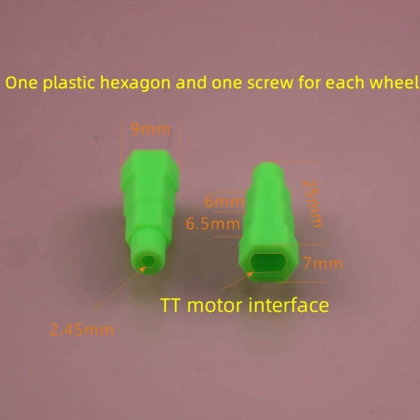 Green plastic hexagon adapter and screw for Mecanum wheel, showing 2.45mm and TT motor interface.