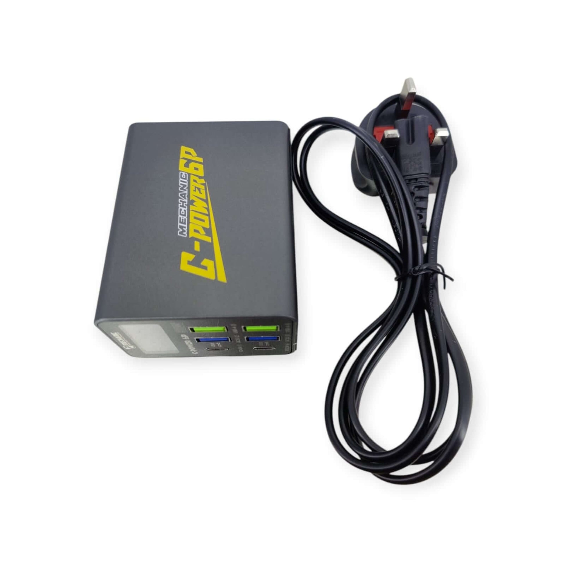 6-Port 90W Digital Display Multi-Port USB-C/A Fast Charger with cable and multiple ports.